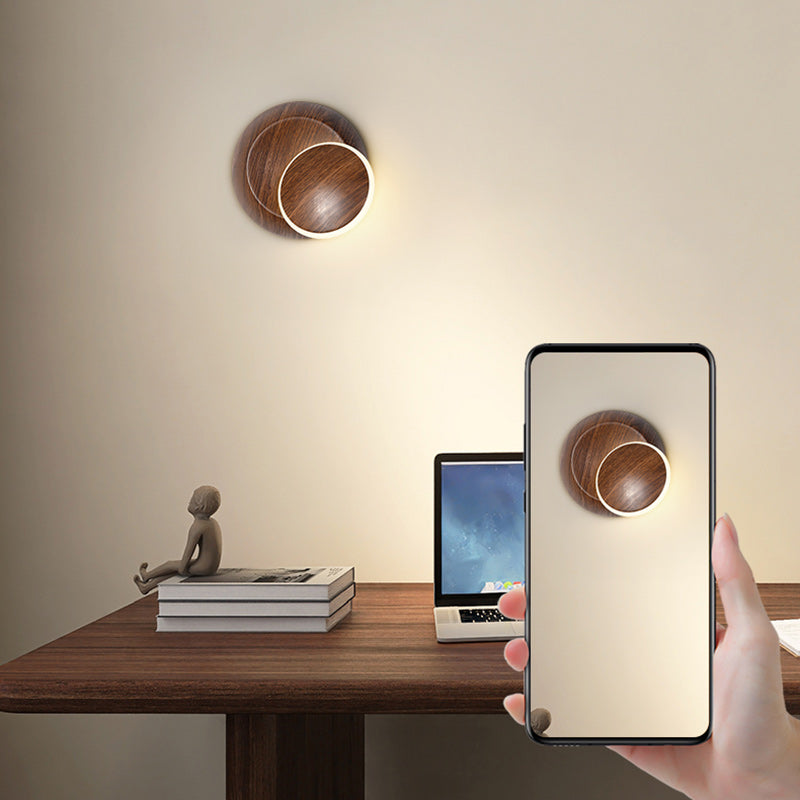 Lampe murale LED contemporaine et créative avec ombre de lune rotative, grain de bois rond, fer et aluminium pour chambre d&