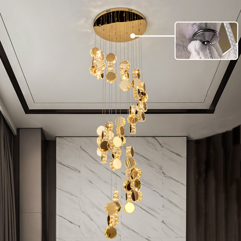 Modern Luxury Spiral Staircase Hanging Long Round Crystal Stainless Steel Loft LED Chandelier For Living Room