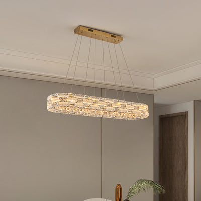 Zeitgenössischer ovaler Luxus-Kristall-LED-Insel-Leuchter aus Edelstahl für Esszimmer 