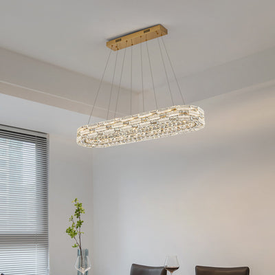Zeitgenössischer ovaler Luxus-Kristall-LED-Insel-Leuchter aus Edelstahl für Esszimmer 