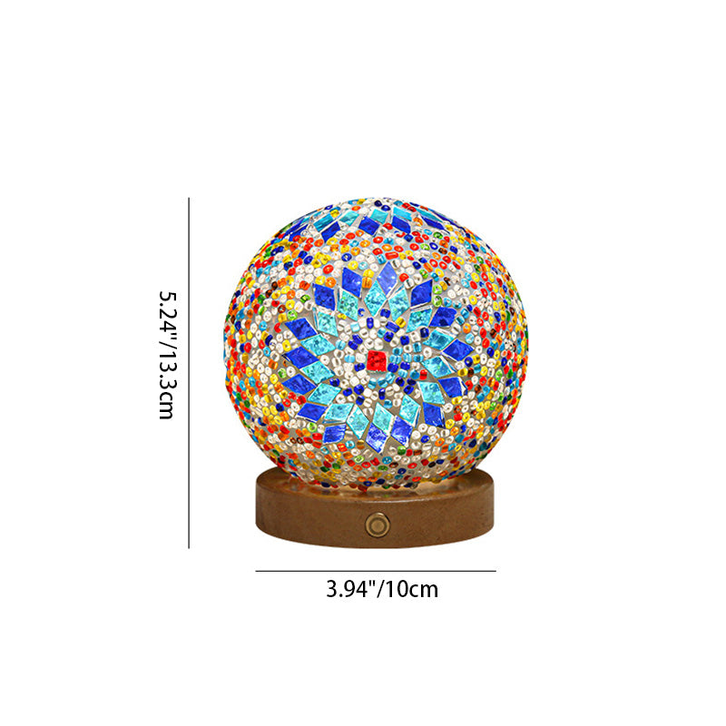 Zeitgenössische kreative böhmische Holzbasis bunte Glaskugel dekorative USB-LED-Tischlampe für Schlafzimmer 