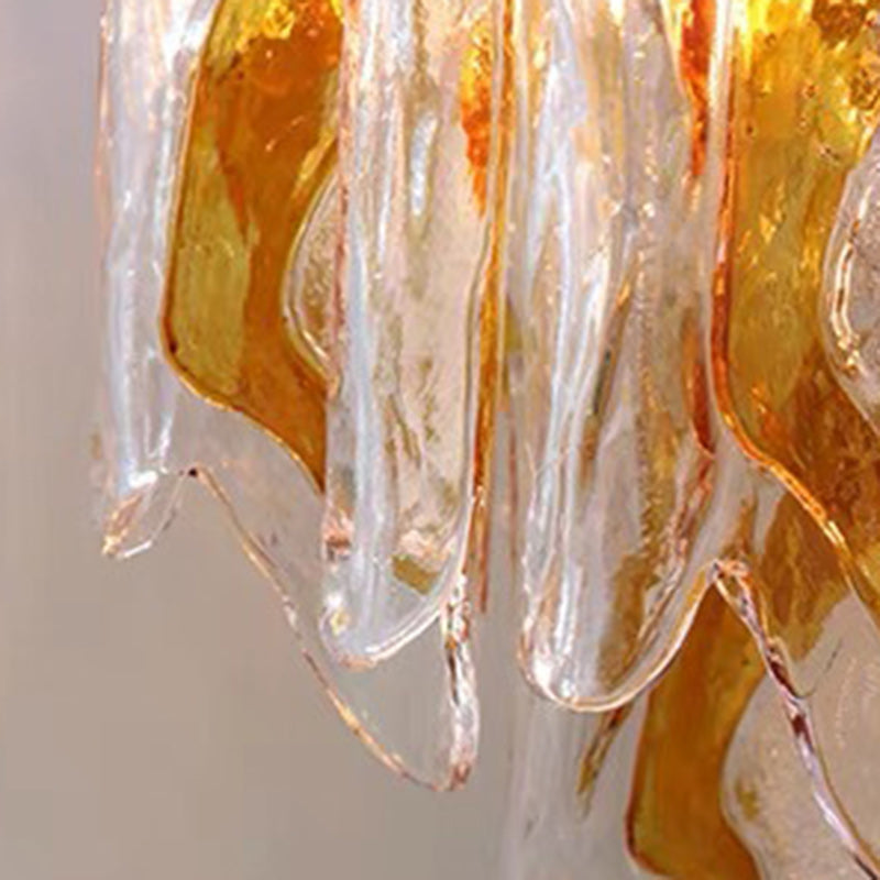 Lustre en verre ambre ondulé fait main avec branche de luxe moderne en fer à 6 lumières pour le salon 