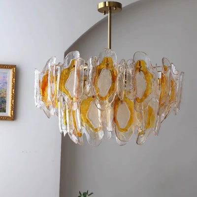Lustre en verre ambre ondulé fait main avec branche de luxe moderne en fer à 6 lumières pour le salon 