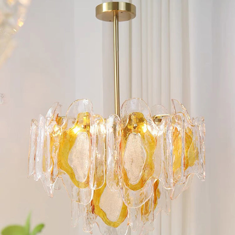 Lustre en verre ambre ondulé fait main avec branche de luxe moderne en fer à 6 lumières pour le salon 