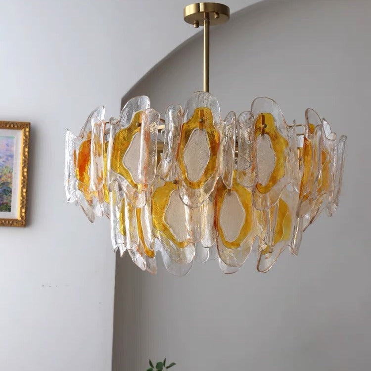 Lustre en verre ambre ondulé fait main avec branche de luxe moderne en fer à 6 lumières pour le salon 