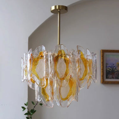Lustre en verre ambre ondulé fait main avec branche de luxe moderne en fer à 6 lumières pour le salon 