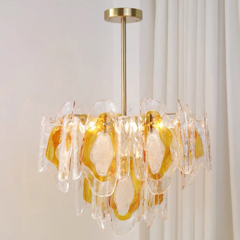Lustre en verre ambre ondulé fait main avec branche de luxe moderne en fer à 6 lumières pour le salon 
