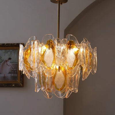 Lustre en verre ambre ondulé fait main avec branche de luxe moderne en fer à 6 lumières pour le salon 