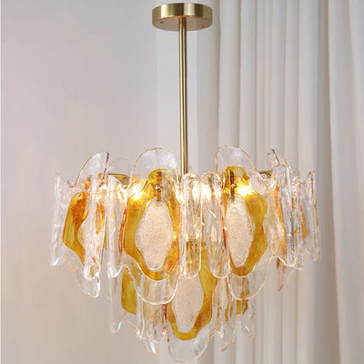 Lustre en verre ambre ondulé fait main avec branche de luxe moderne en fer à 6 lumières pour le salon 