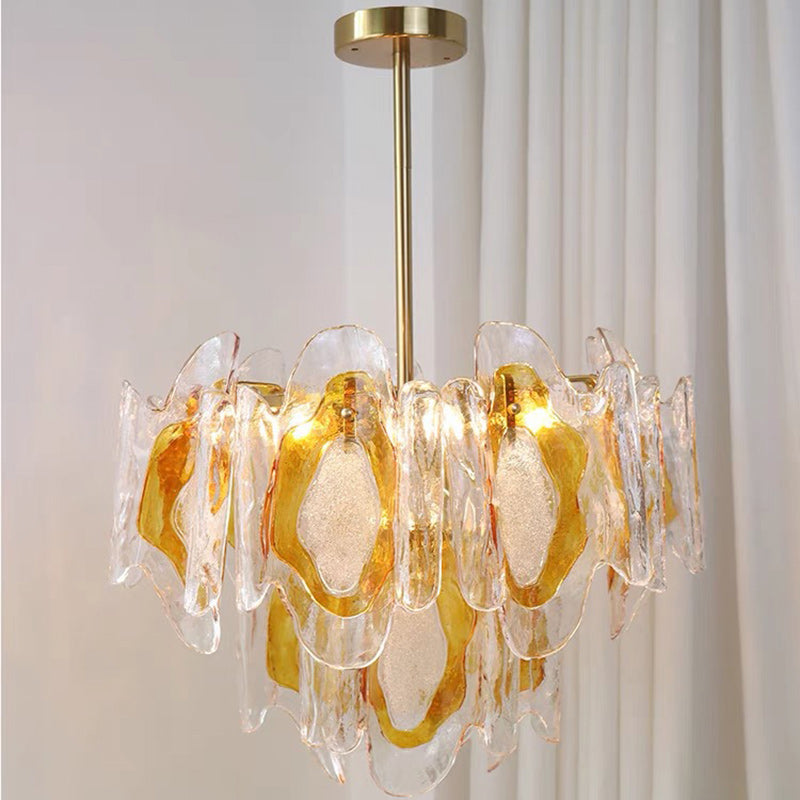 Lustre en verre ambre ondulé fait main avec branche de luxe moderne en fer à 6 lumières pour le salon 