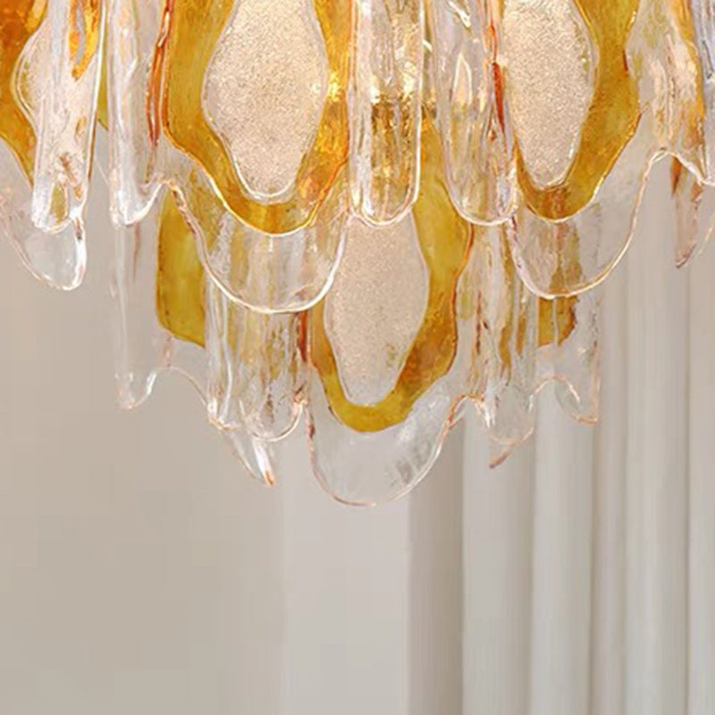Lustre en verre ambre ondulé fait main avec branche de luxe moderne en fer à 6 lumières pour le salon 