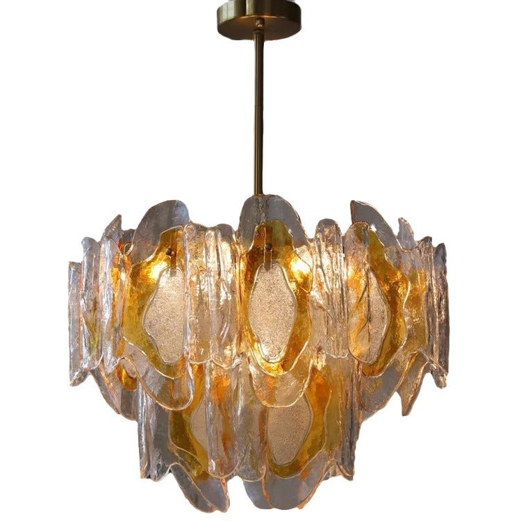 Lustre en verre ambre ondulé fait main avec branche de luxe moderne en fer à 6 lumières pour le salon 