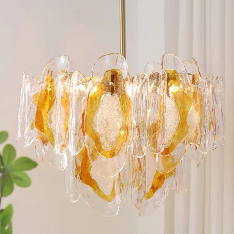 Lustre en verre ambre ondulé fait main avec branche de luxe moderne en fer à 6 lumières pour le salon 
