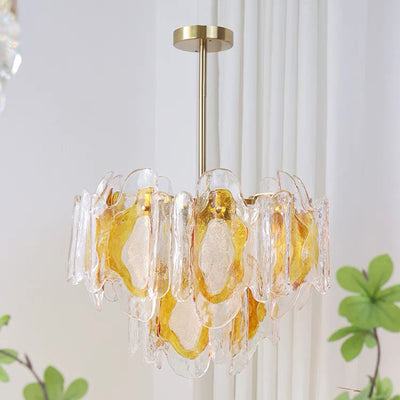 Lustre en verre ambre ondulé fait main avec branche de luxe moderne en fer à 6 lumières pour le salon 