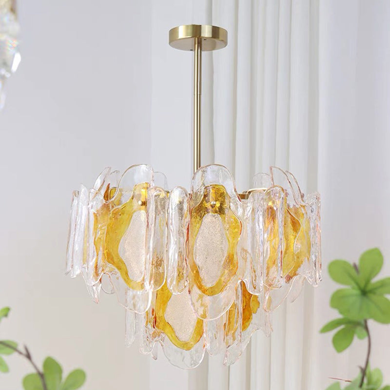 Lustre en verre ambre ondulé fait main avec branche de luxe moderne en fer à 6 lumières pour le salon 