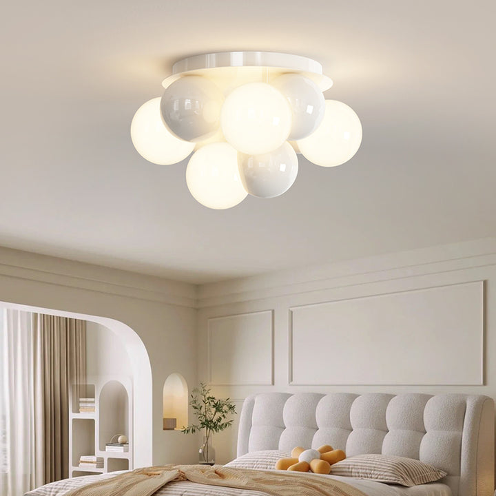 Contemporary Nordic Kids Iron Glass Ball Round Base 5-Light Semi-Flush Mount Ceiling Light For Bedroom