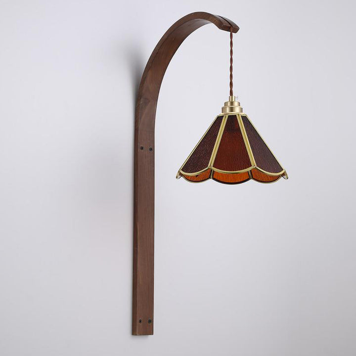 Aplique de pared de 1 luz con pantalla de vidrio martillado de flor retro contemporánea y madera para dormitorio 