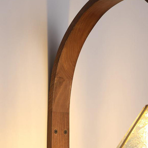 Aplique de pared de 1 luz con pantalla de vidrio martillado de flor retro contemporánea y madera para dormitorio 