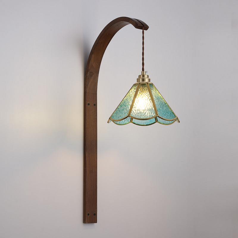 Aplique de pared de 1 luz con pantalla de vidrio martillado de flor retro contemporánea y madera para dormitorio 