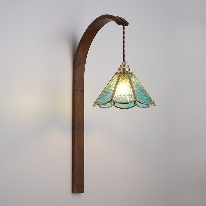 Aplique de pared de 1 luz con pantalla de vidrio martillado de flor retro contemporánea y madera para dormitorio 