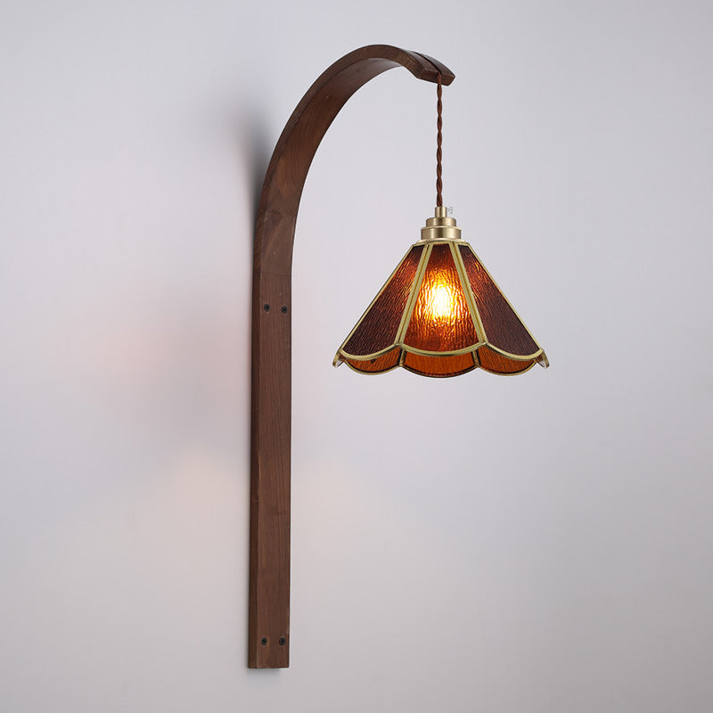 Aplique de pared de 1 luz con pantalla de vidrio martillado de flor retro contemporánea y madera para dormitorio 