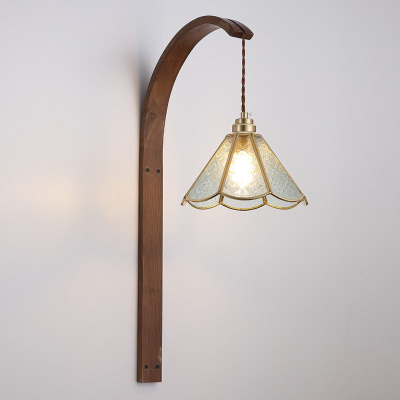Aplique de pared de 1 luz con pantalla de vidrio martillado de flor retro contemporánea y madera para dormitorio 