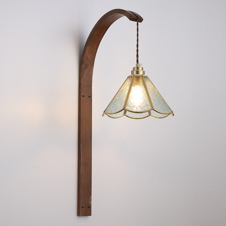 Aplique de pared de 1 luz con pantalla de vidrio martillado de flor retro contemporánea y madera para dormitorio 