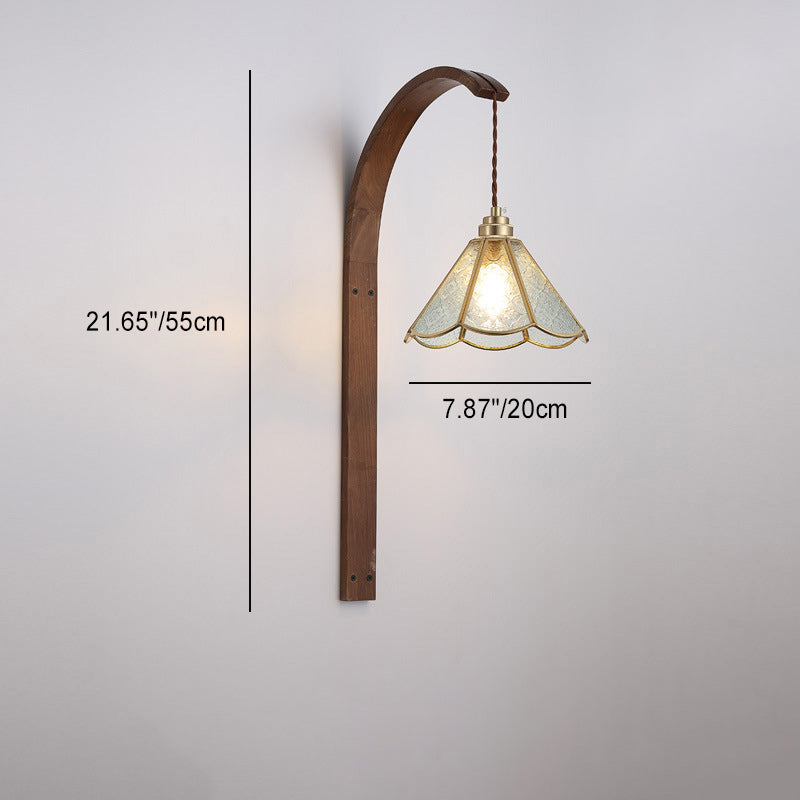 Aplique de pared de 1 luz con pantalla de vidrio martillado de flor retro contemporánea y madera para dormitorio 