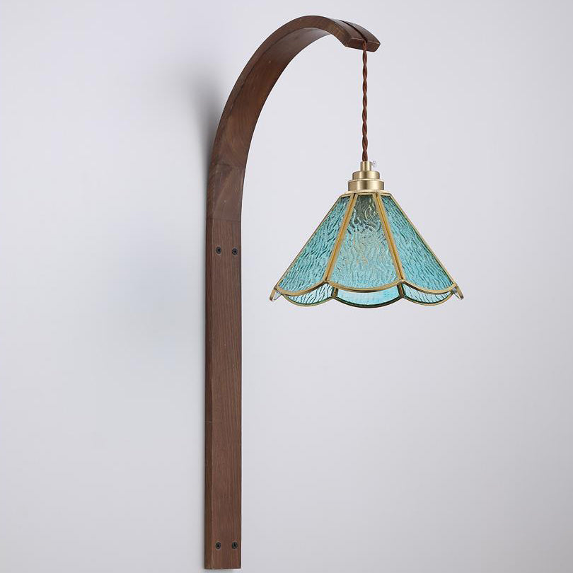 Aplique de pared de 1 luz con pantalla de vidrio martillado de flor retro contemporánea y madera para dormitorio 