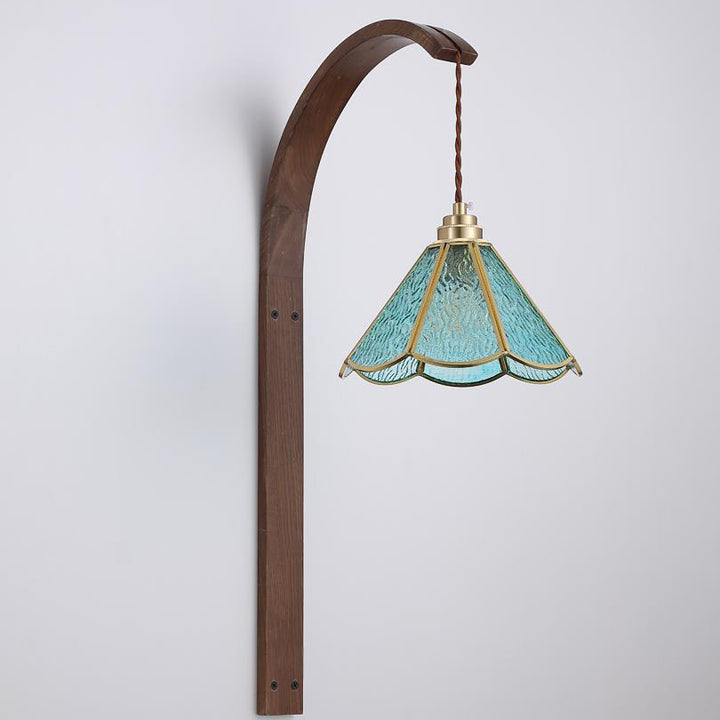 Aplique de pared de 1 luz con pantalla de vidrio martillado de flor retro contemporánea y madera para dormitorio 