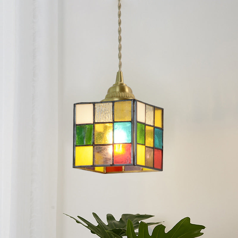Traditionelle Tiffany Puzzle Cube konische bunte Buntglas Messing 1-Licht Pendelleuchte für Wohnzimmer 