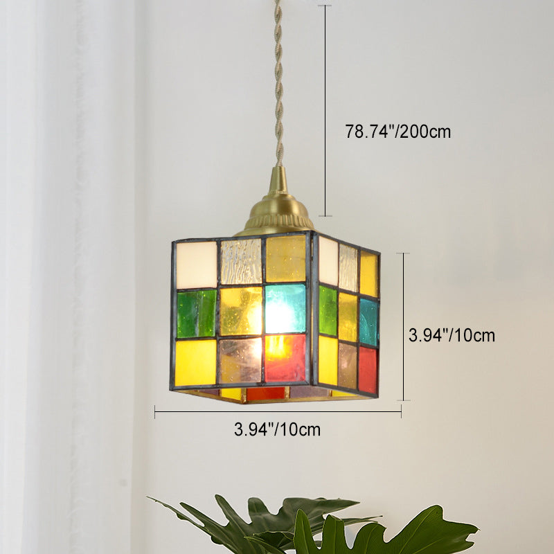 Traditionelle Tiffany Puzzle Cube konische bunte Buntglas Messing 1-Licht Pendelleuchte für Wohnzimmer 