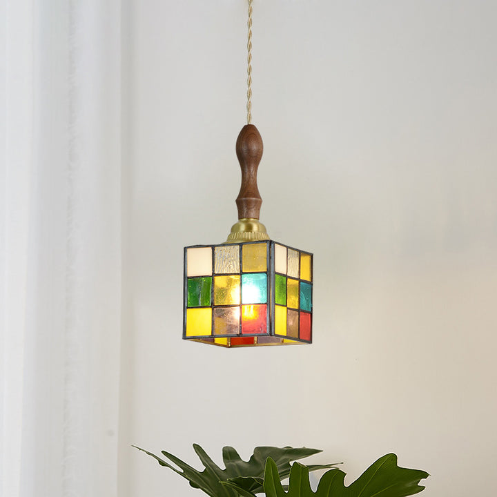 Traditionelle Tiffany Puzzle Cube konische bunte Buntglas Messing 1-Licht Pendelleuchte für Wohnzimmer 