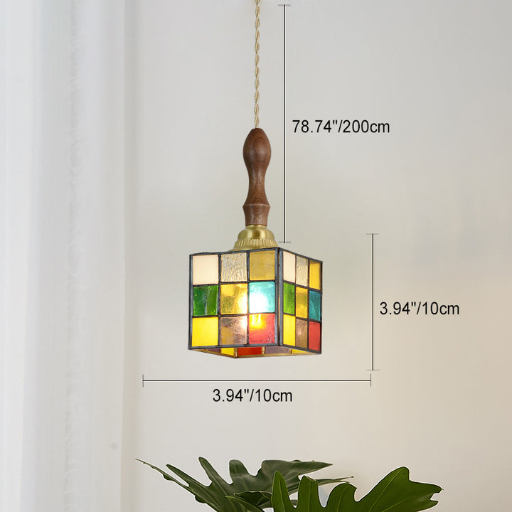 Traditionelle Tiffany Puzzle Cube konische bunte Buntglas Messing 1-Licht Pendelleuchte für Wohnzimmer 