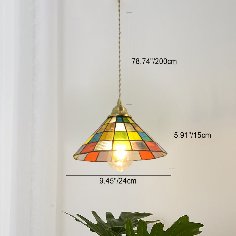 Traditionelle Tiffany Puzzle Cube konische bunte Buntglas Messing 1-Licht Pendelleuchte für Wohnzimmer 