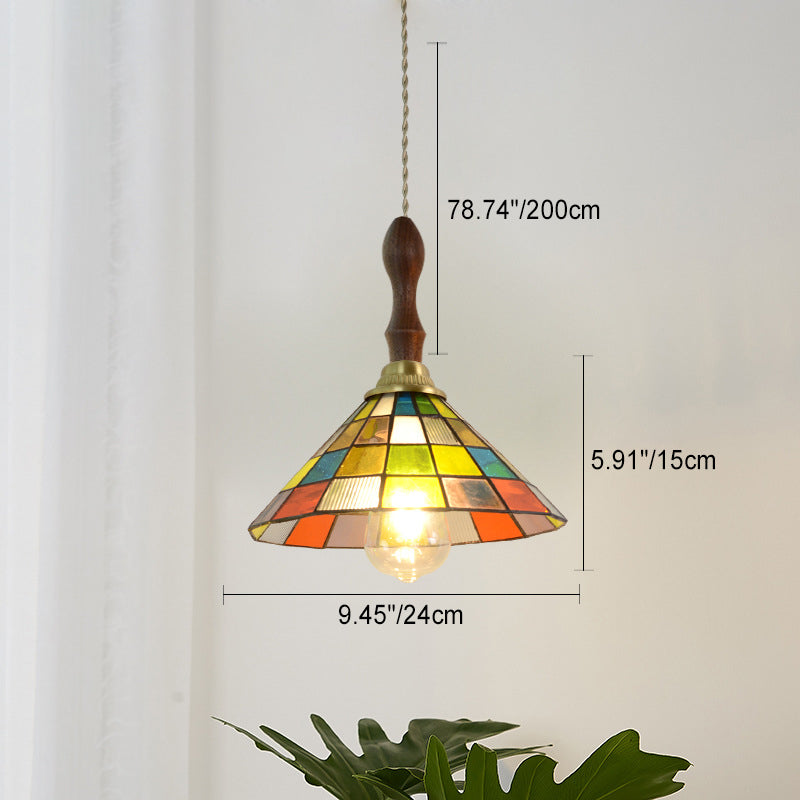 Traditionelle Tiffany Puzzle Cube konische bunte Buntglas Messing 1-Licht Pendelleuchte für Wohnzimmer 