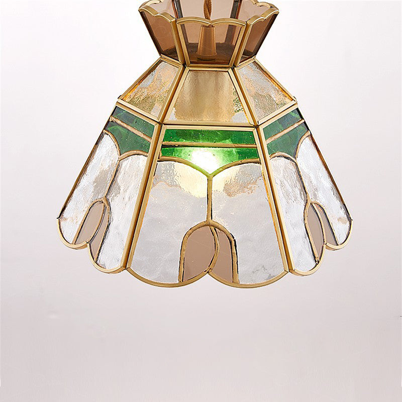 Traditional Vintage Handmade Flower Stained Glass Copper 1-Light Pendant Light For Living Room