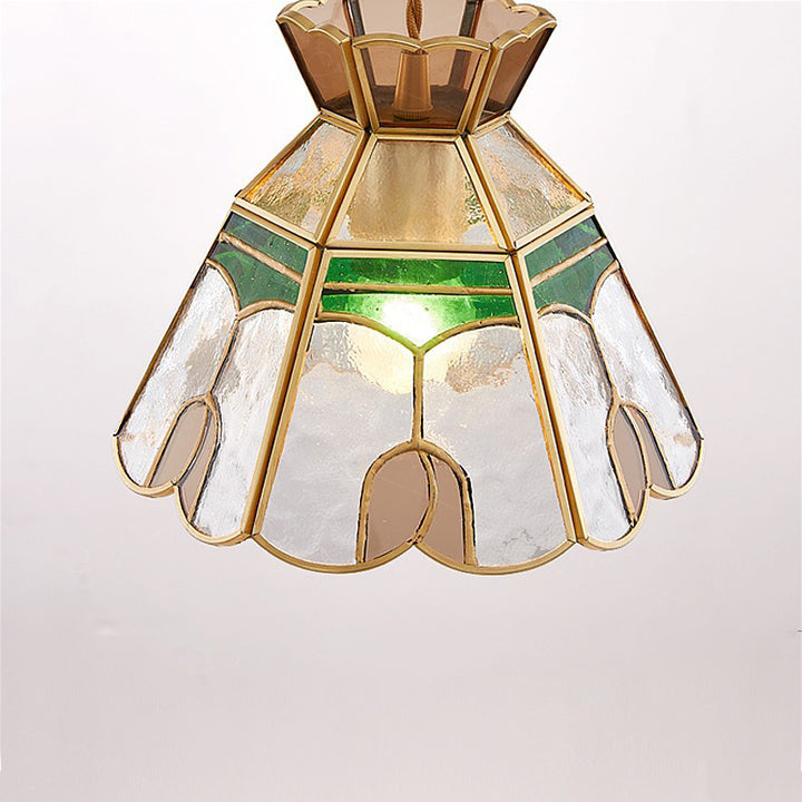Traditional Vintage Handmade Flower Stained Glass Copper 1-Light Pendant Light For Living Room