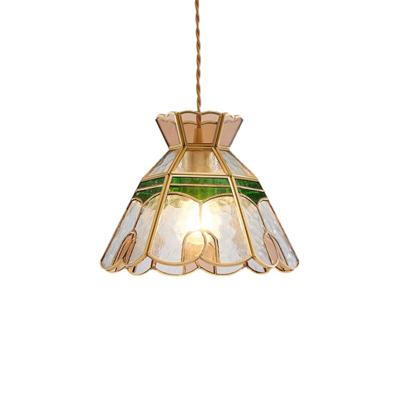 Traditional Vintage Handmade Flower Stained Glass Copper 1-Light Pendant Light For Living Room