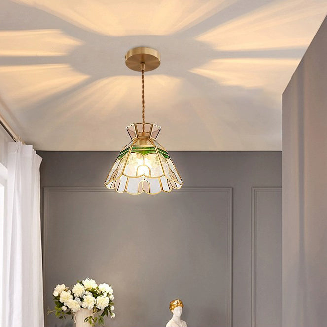 Traditional Vintage Handmade Flower Stained Glass Copper 1-Light Pendant Light For Living Room