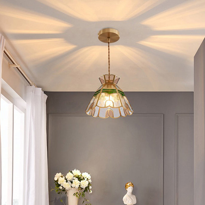 Traditional Vintage Handmade Flower Stained Glass Copper 1-Light Pendant Light For Living Room