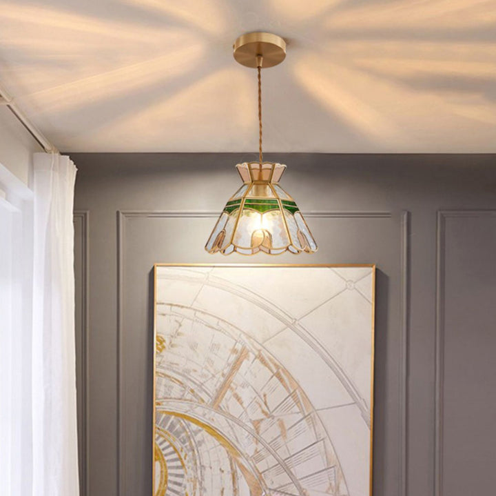 Traditional Vintage Handmade Flower Stained Glass Copper 1-Light Pendant Light For Living Room