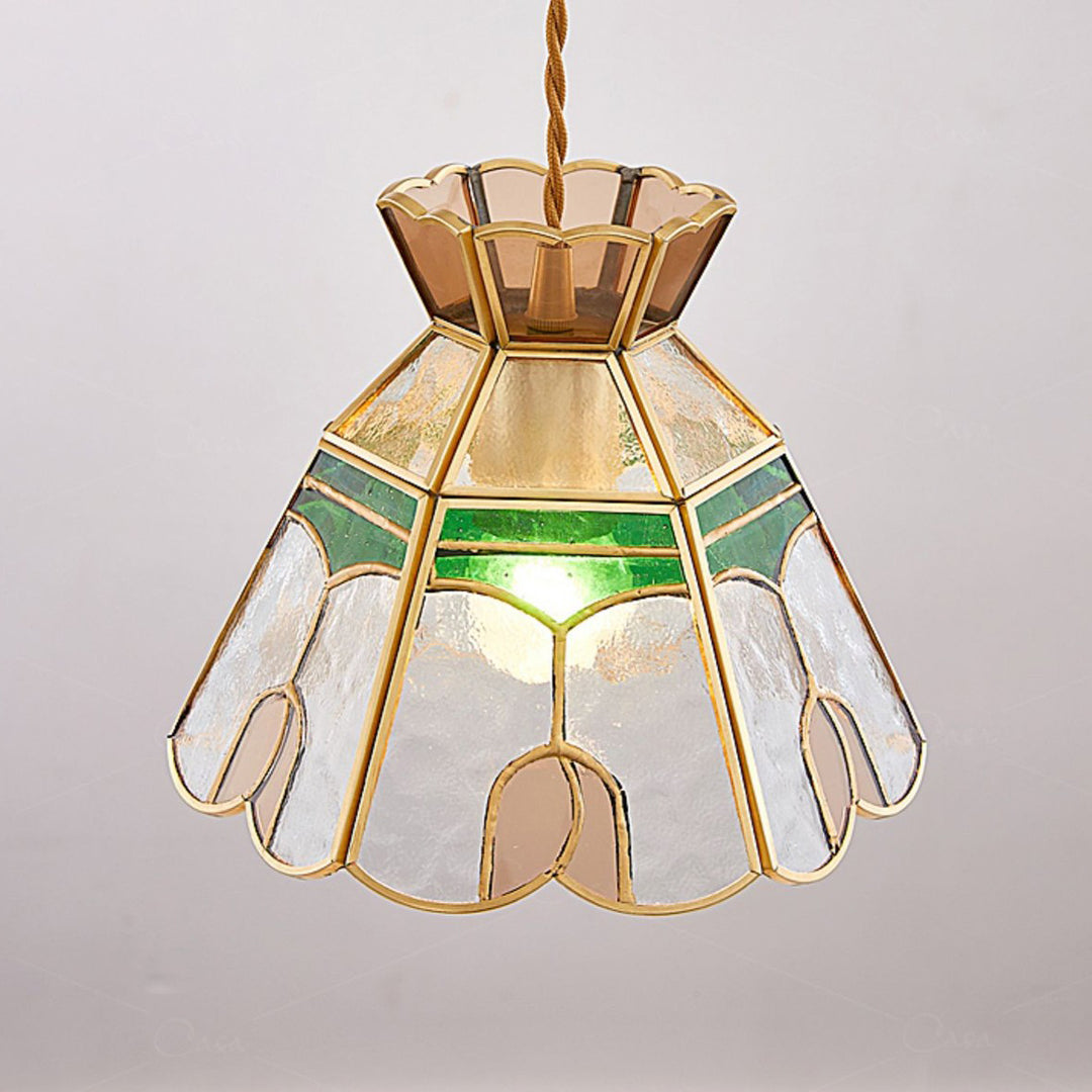 Traditional Vintage Handmade Flower Stained Glass Copper 1-Light Pendant Light For Living Room