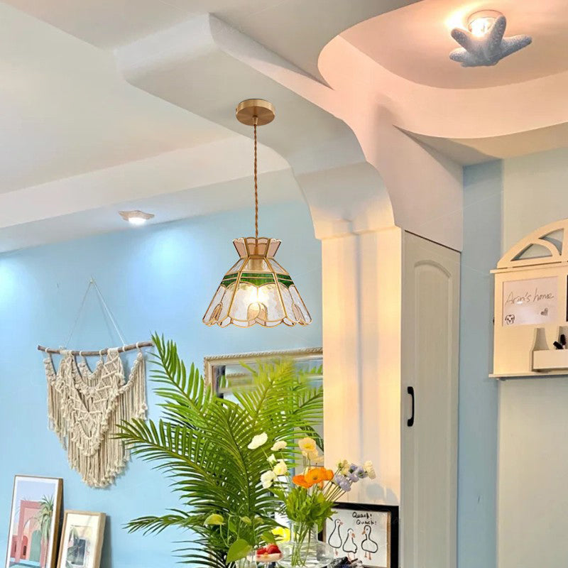 Traditional Vintage Handmade Flower Stained Glass Copper 1-Light Pendant Light For Living Room