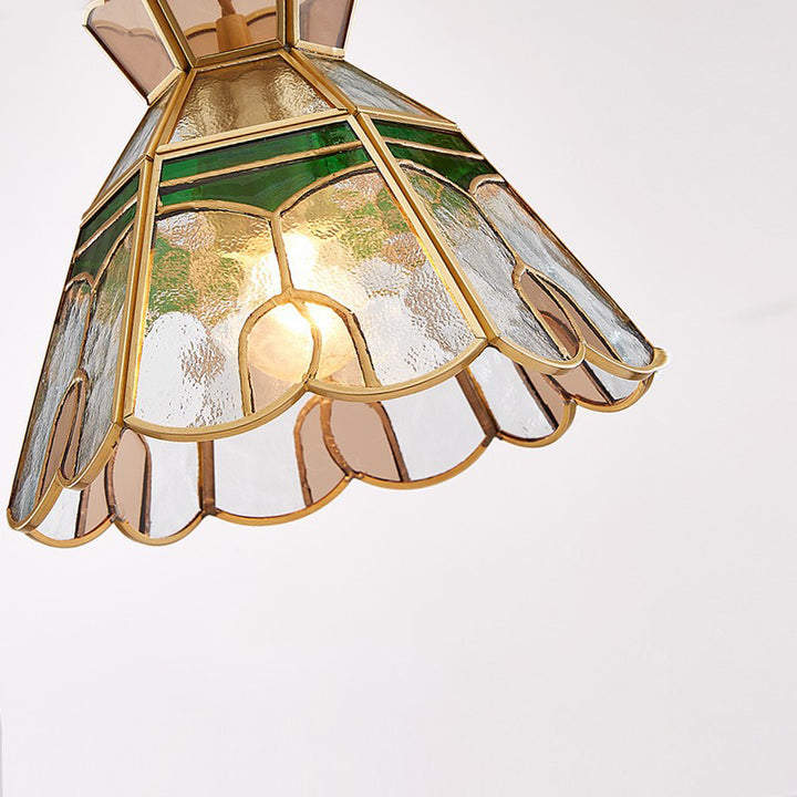 Traditional Vintage Handmade Flower Stained Glass Copper 1-Light Pendant Light For Living Room