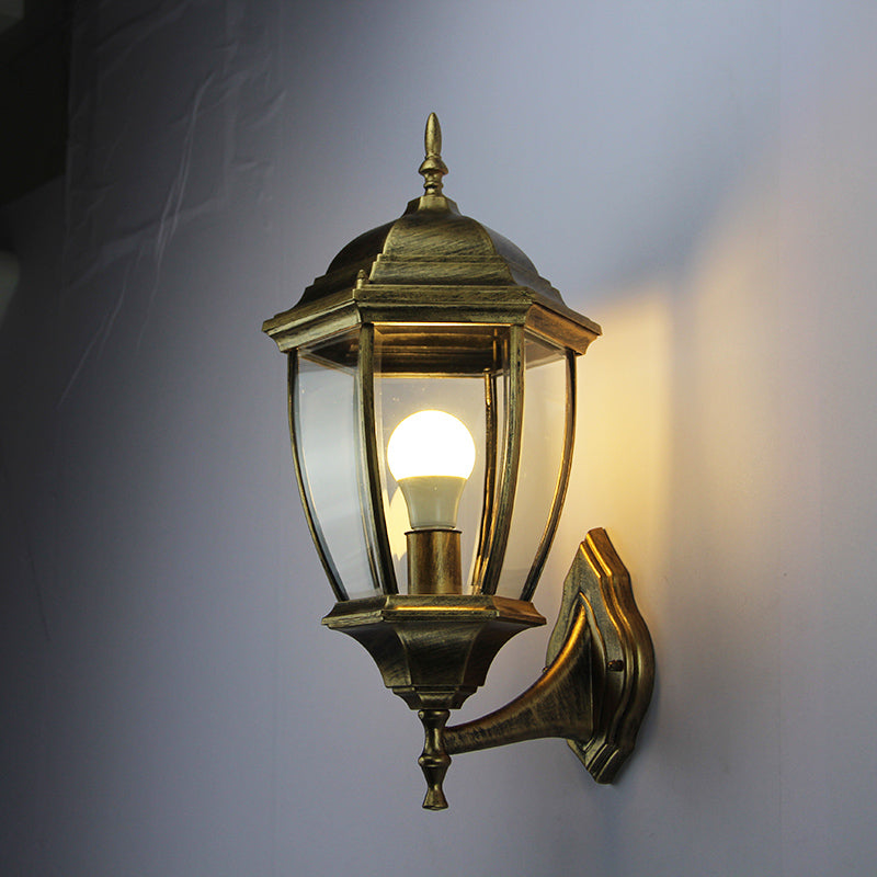 Applique murale 1-lumière en aluminium avec verre clair dépoli et cage hexagonale étanche rétro contemporaine pour patio extérieur 