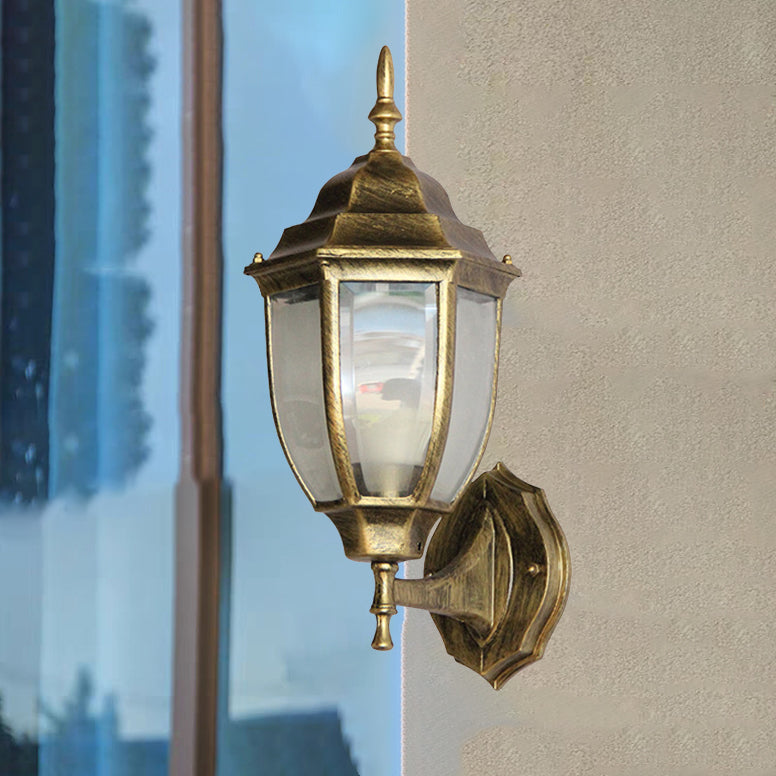 Applique murale 1-lumière en aluminium avec verre clair dépoli et cage hexagonale étanche rétro contemporaine pour patio extérieur 