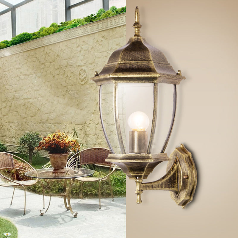 Applique murale 1-lumière en aluminium avec verre clair dépoli et cage hexagonale étanche rétro contemporaine pour patio extérieur 