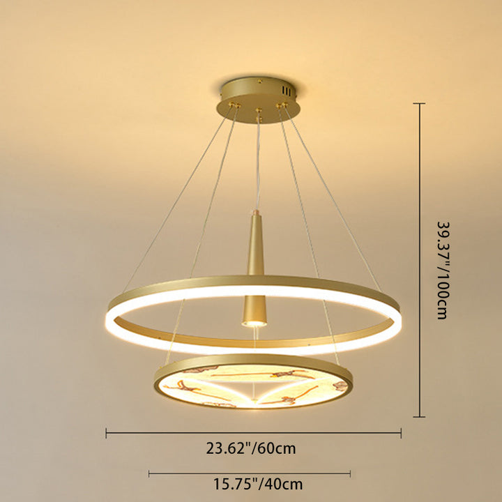 Araña de Luces LED de Hierro Acrílico de Color Esmalte Redondo de Dos Capas Chino Tradicional para Sala de Estar 