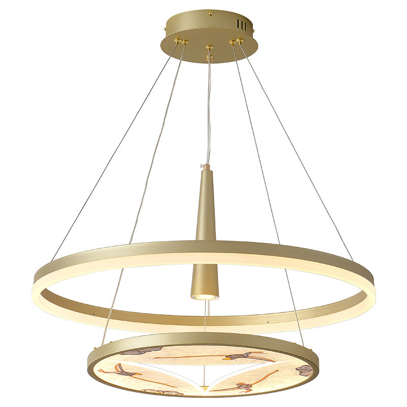 Lustres LED en acrylique fer émaillé de couleur ronde à deux couches traditionnels chinois pour salon 